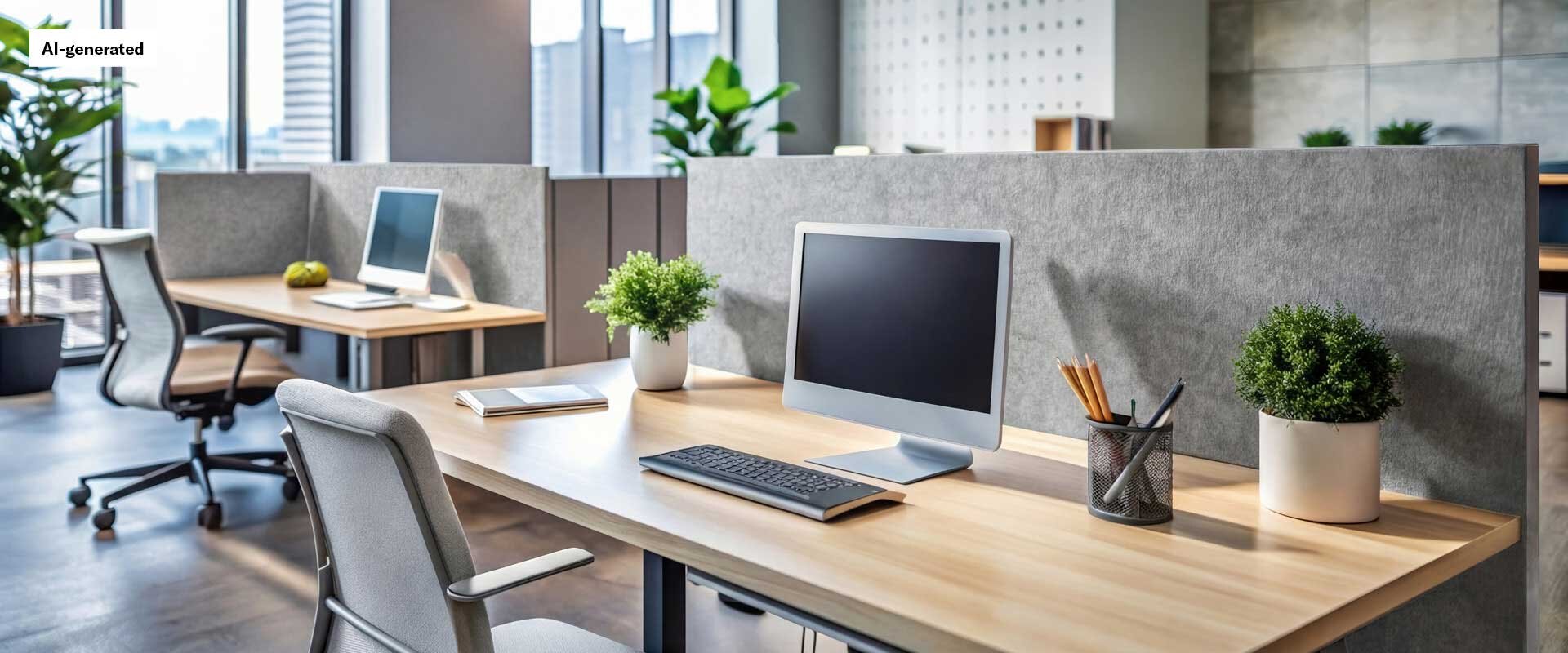 Open office space of desks with a sound-absorbing wall attached to each
