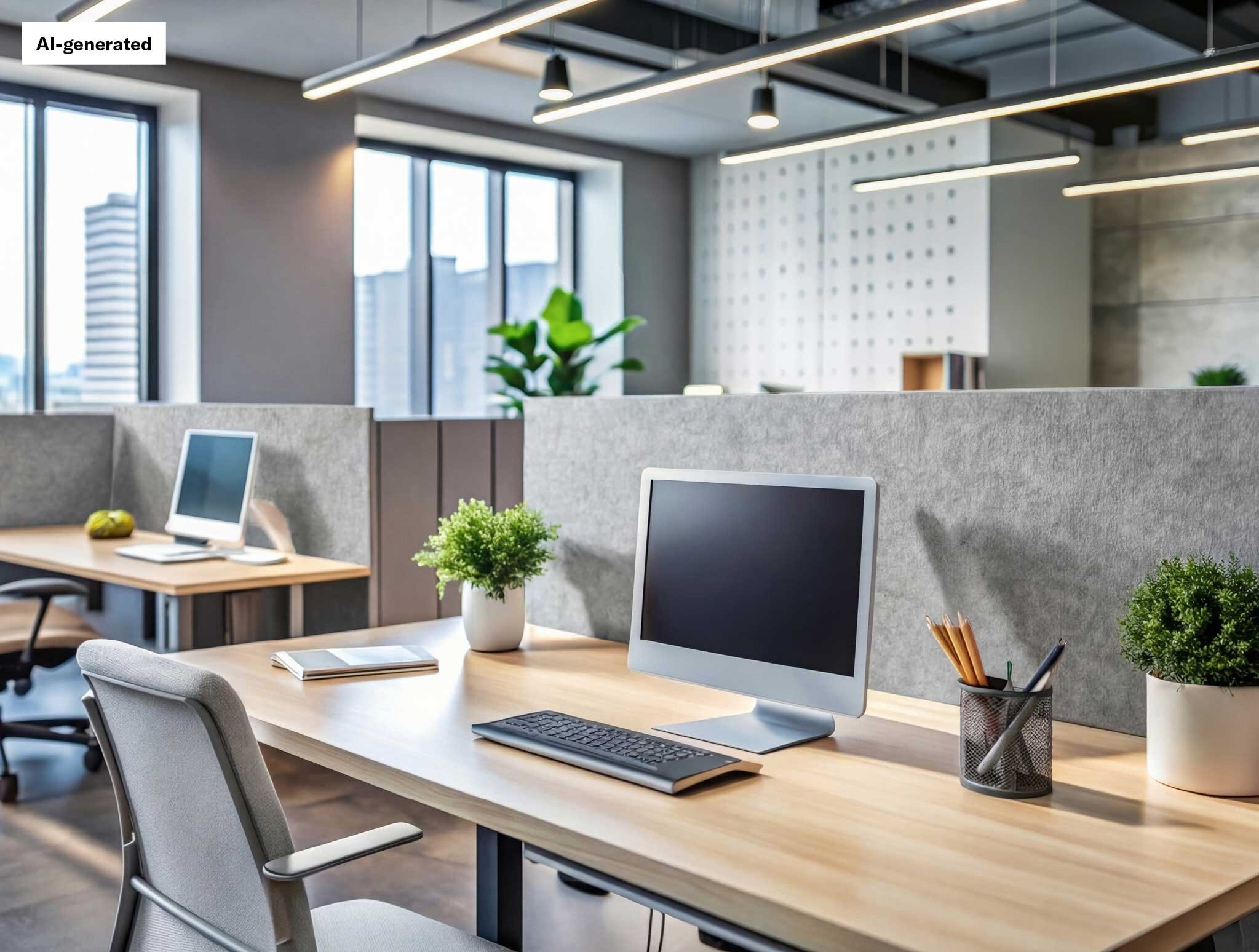 Open office space of desks with a sound-absorbing wall attached to each