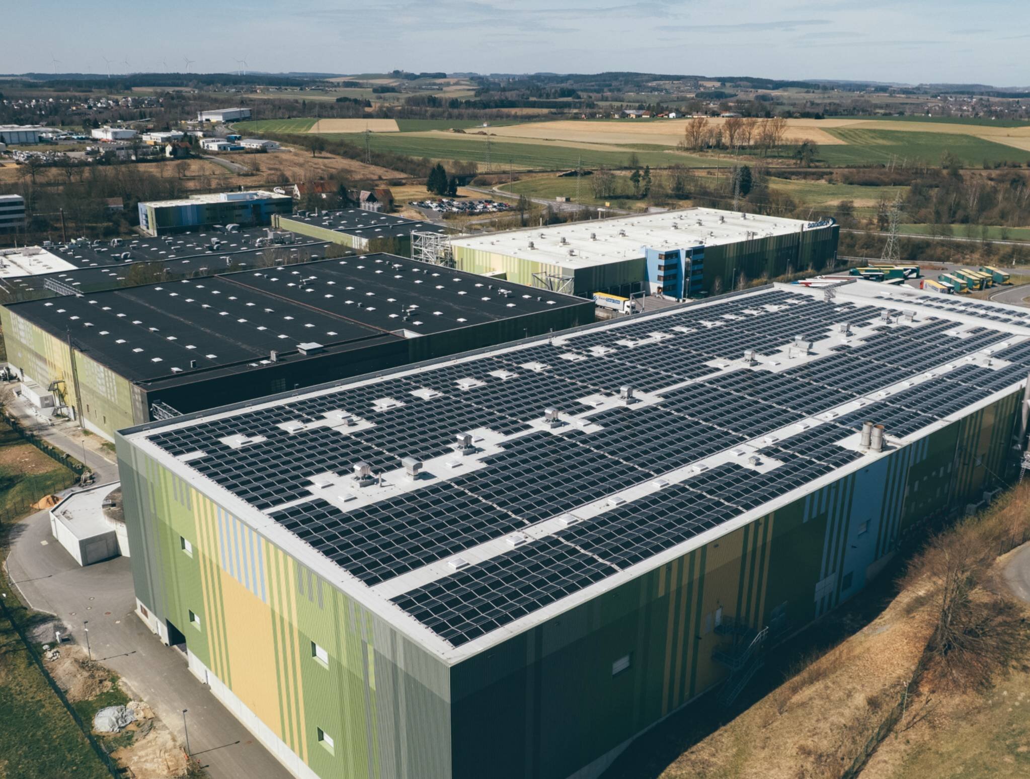 A bird's eye view of the Sandler nonwovens specialists building in Schwarzenbach