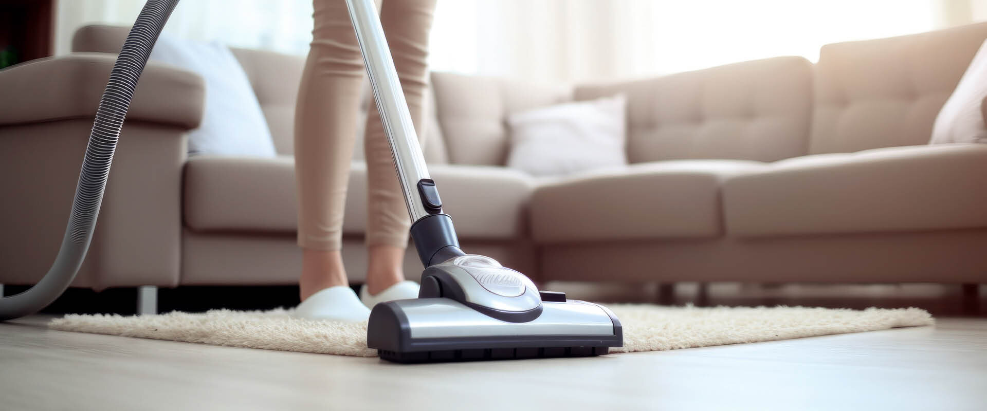 Nahaufnahme eines Staubsaugers, der einen Teppich reinigt