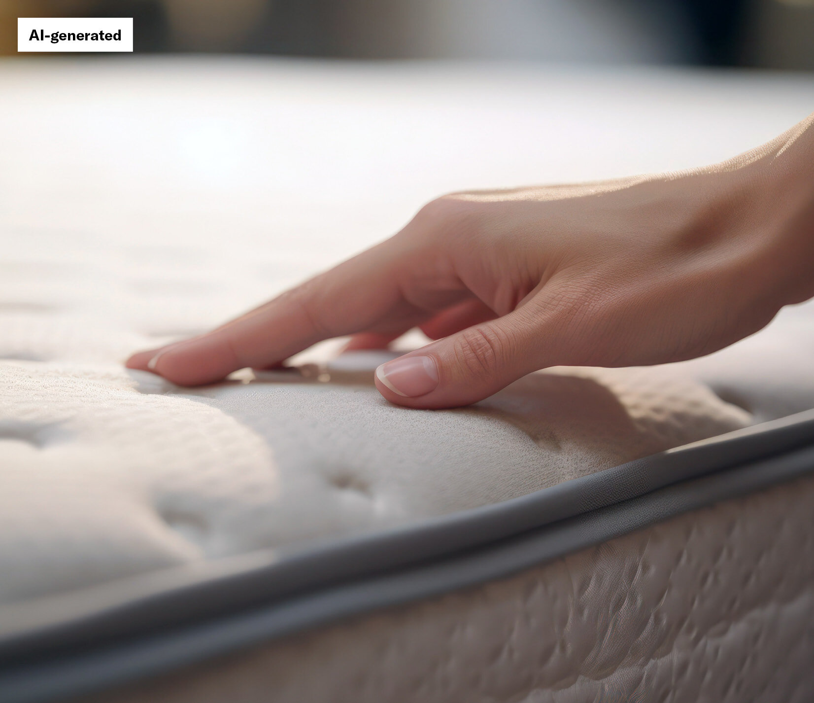 Hand touching a mattress cover made of nonwoven fabric