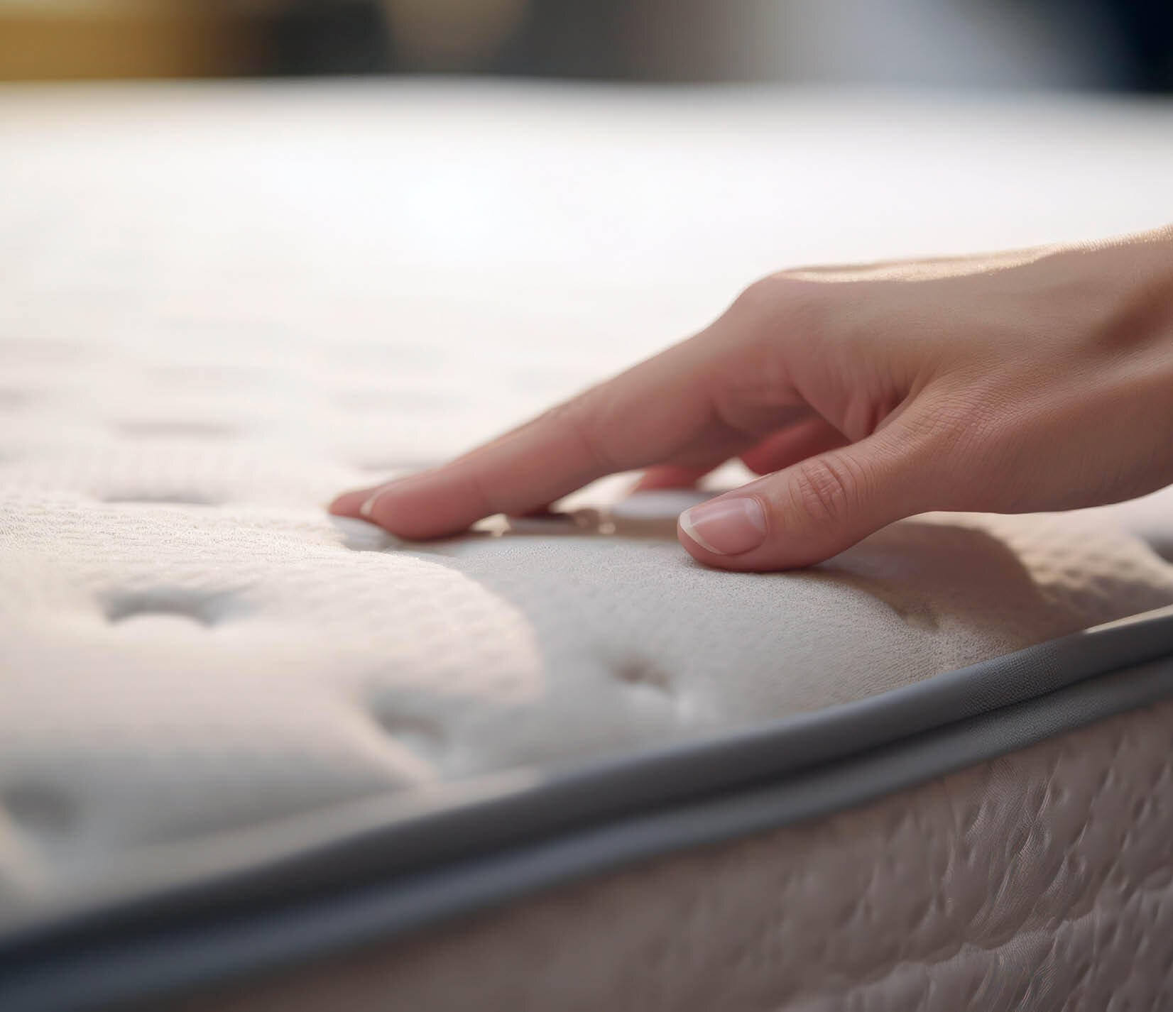 Hand, die einen Matratzenbezug aus Vliesstoff berührt