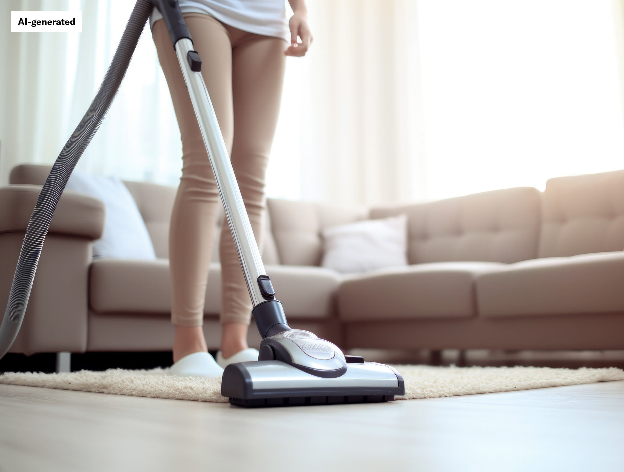 Nahaufnahme eines Staubsaugers, der einen Teppich reinigt