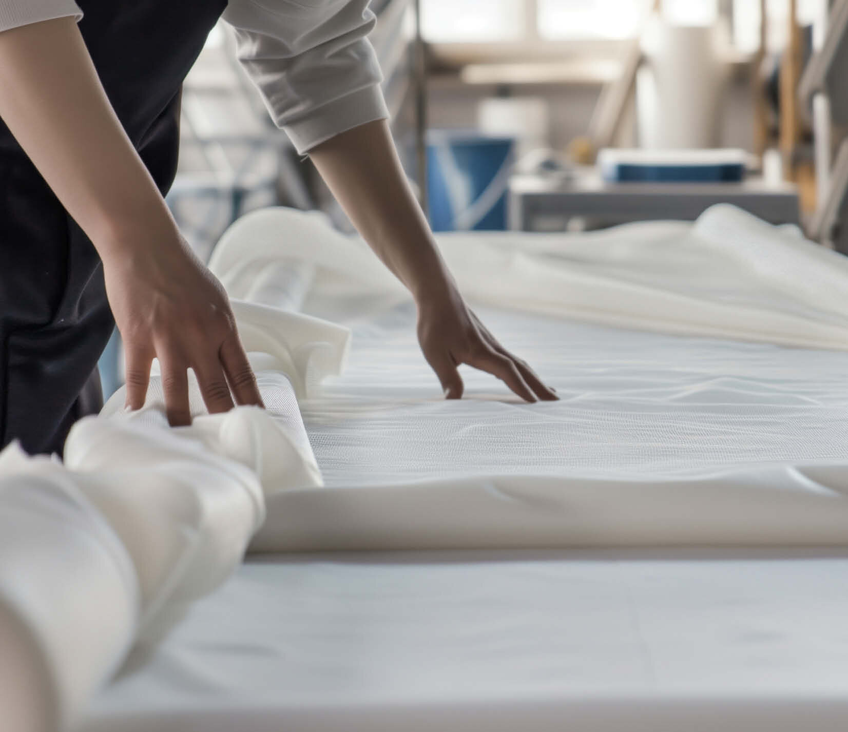 Hände prüfen Vliesstoff, der auf einem Tisch ausgebreitet liegt | Sandler Group