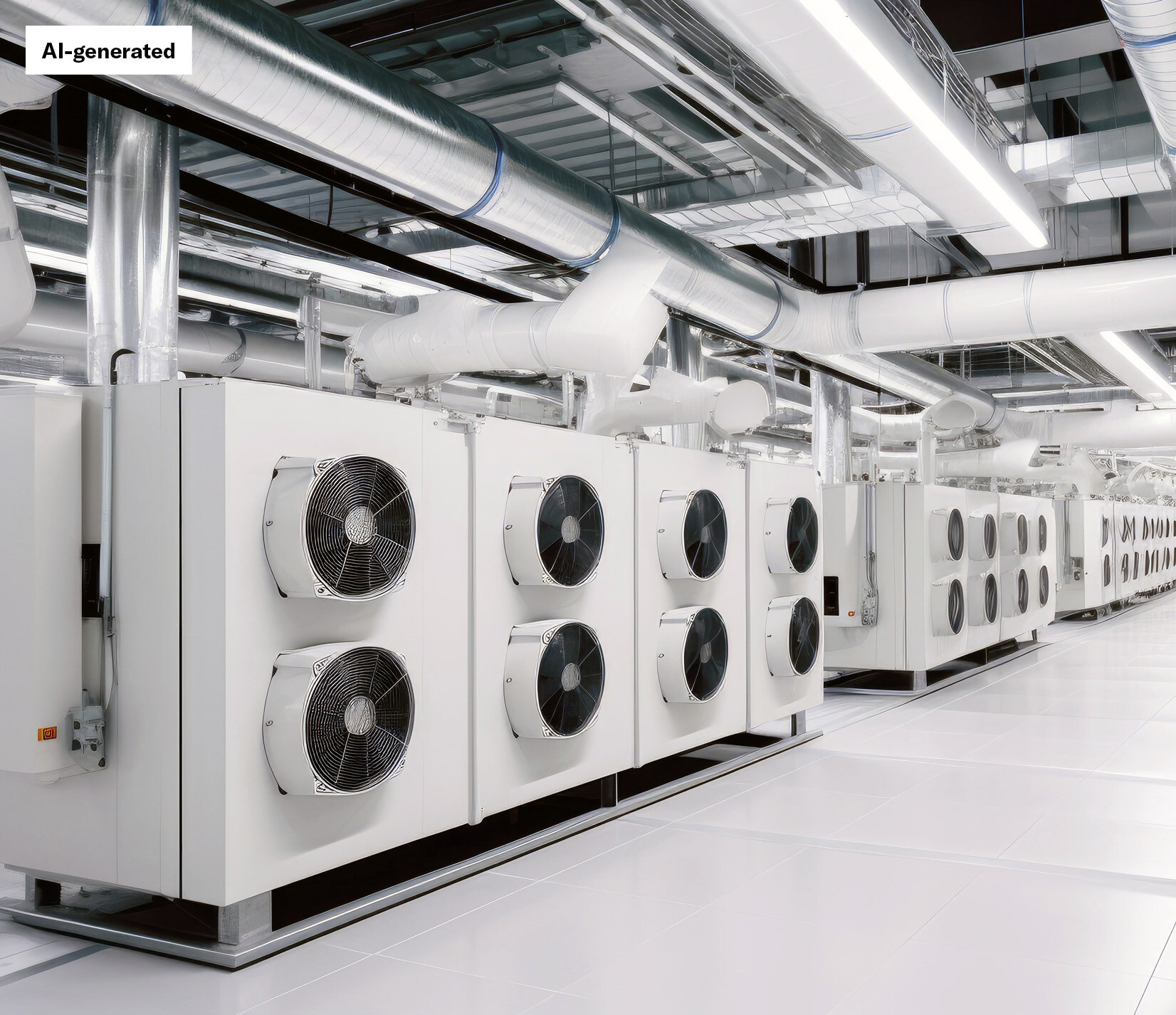 Reihe großer weißer industrieller Lüftungsanlagen mit mehreren Ventilatoren in einer hellen Gewerbehalle mit Rohrleitungen an der Decke